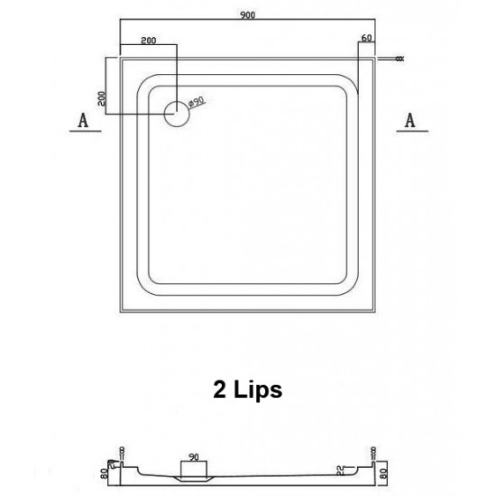 900x900mm Two Lips Square Shower Tray Center/Corner Waste 